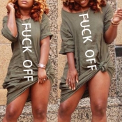 Lovely Casual O Neck Letter Print Green Knee Lengt