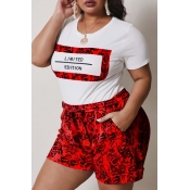Lovely Plus Size Casual Print Red Two-piece Shorts