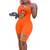 Lovely Stylish Lip Print Orange One-piece Romper