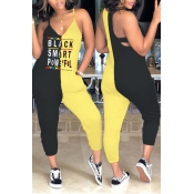 Lovely Leisure Letter Print Yellow One-piece Jumps