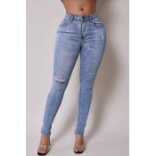 Lovely Casual Broken Holes Baby Blue Jeans