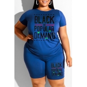 Lovely Casual Letter Print Blue Plus Size Two-piec