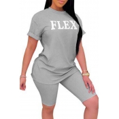 Lovely Casual Letter Grey Two-piece Shorts Set