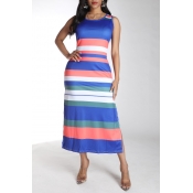 Lovely Sexy Striped Royalblue Ankle Length Dress
