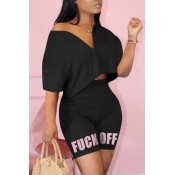 LW Leisure Letter Print Black Two-piece Shorts Set