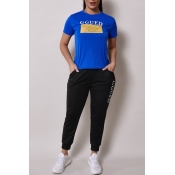 Lovely Leisure Letter Print Blue Two-piece Pants S