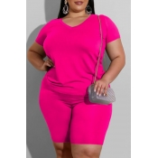 Lovely Casual Basic Rose Red Plus Size Two-piece S