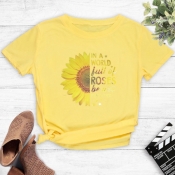 Lovely Casual O Neck Print Yellow T-shirt