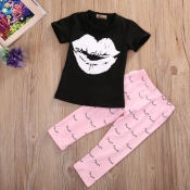 Lovely Casual Lip Print Black Girl Two-piece Pants
