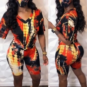 Lovely Leisure O Neck Print Orange Two-piece Short