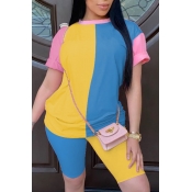 Lovely Casual Color-lump Patchwork Yellow Two-piec