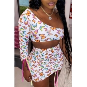 Lovely Trendy Butterfly Print White Two-piece Skir