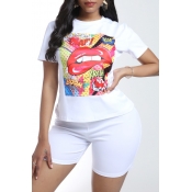 Lovely Casual Lip Print White Two-piece Shorts Set