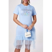 Lovely Casual Letter Patchwork Baby Blue Knee Leng