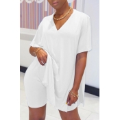 Lovely Casual V Neck Basic White Two-piece Shorts 