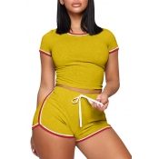 Lovely Casual Lace-up Yellow Two-piece Shorts Set