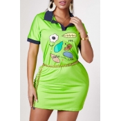 Lovely Casual Print Green Mini Dress