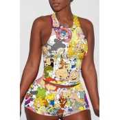 Lovely Leisure Cartoon Print Yellow Two-piece Shor