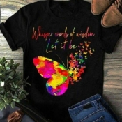 Lovely Plus Size Casual Butterfly Print Black T-sh