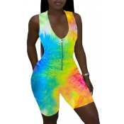 Lovely Trendy Print Zipper Design Yellow One-piece