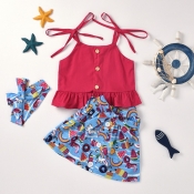 Lovely Sweet Print Red Girl Two-piece Skirt Set