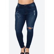 Lovely Stylish Hollow-out Navy Blue Plus Size Jean