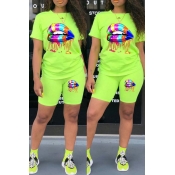 Lovely Casual Lip Print Green Two-piece Shorts Set