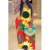 Lovely Bohemian Sunflower Print Red Maxi Plus Size