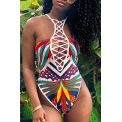 Lovely Cut-Out Print Multicolor One-piece Swimsuit