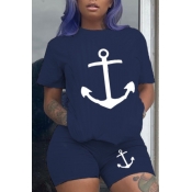 LW Casual O Neck Print Blue Two-piece Shorts Set