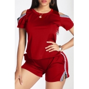 Lovely Casual Hollow-out Red Two-piece Shorts Set