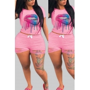 lovely Leisure Print Pink Plus Size Two-piece Shor