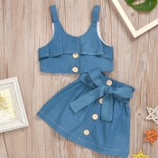lovely Sweet Buttons Design Blue Girl Two-piece Sk