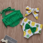 lovely Pineapple Print Green Girl Two-piece Swimsu