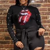 lovely Casual O Neck Lip Print Black Plus Size T-s