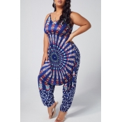 Lovely Ethnic Print Navy Blue Plus Size One-piece 