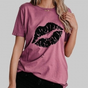 lovely Casual Lip Print Pink Plus Size T-shirt