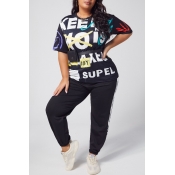 Lovely Leisure Letter Print Black Plus Size Two-pi