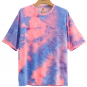 Lovely Casual O Neck Tie-dye Purple T-shirt