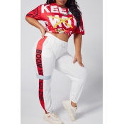Lovely Casual Letter Print Red Plus Size Two-piece