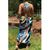 lovely Trendy Print Blue Mid Calf Dress