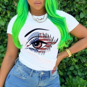 lovely Casual O Neck Eye Print White T-shirt