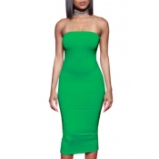 LW Trendy Dew Shoulder Green Mid Calf Dress