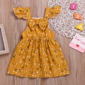 lovely Casual Floral Print Yellow Girl Knee Length
