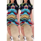 lovely Casual O Neck Tie-dye Multicolor Two-piece 