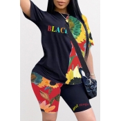 Lovely Casual Print Patchwork Black Two-piece Shor