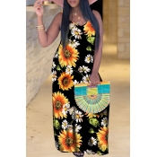Lovely Bohemian Sunflower Print Black Maxi Dress