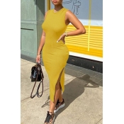 lovely Casual Side Slit Yellow Mid Calf Dress