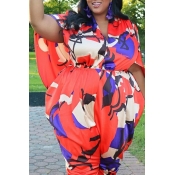 lovely Trendy Print Red Plus Size One-piece Jumpsu