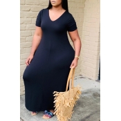 Lovely Casual V Neck Basic Black Ankle Length Plus